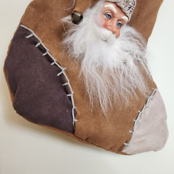 3D Santa Claus Sculpture Christmas Stocking Brown Faux Suede Embroidered - Picture 5 of 7